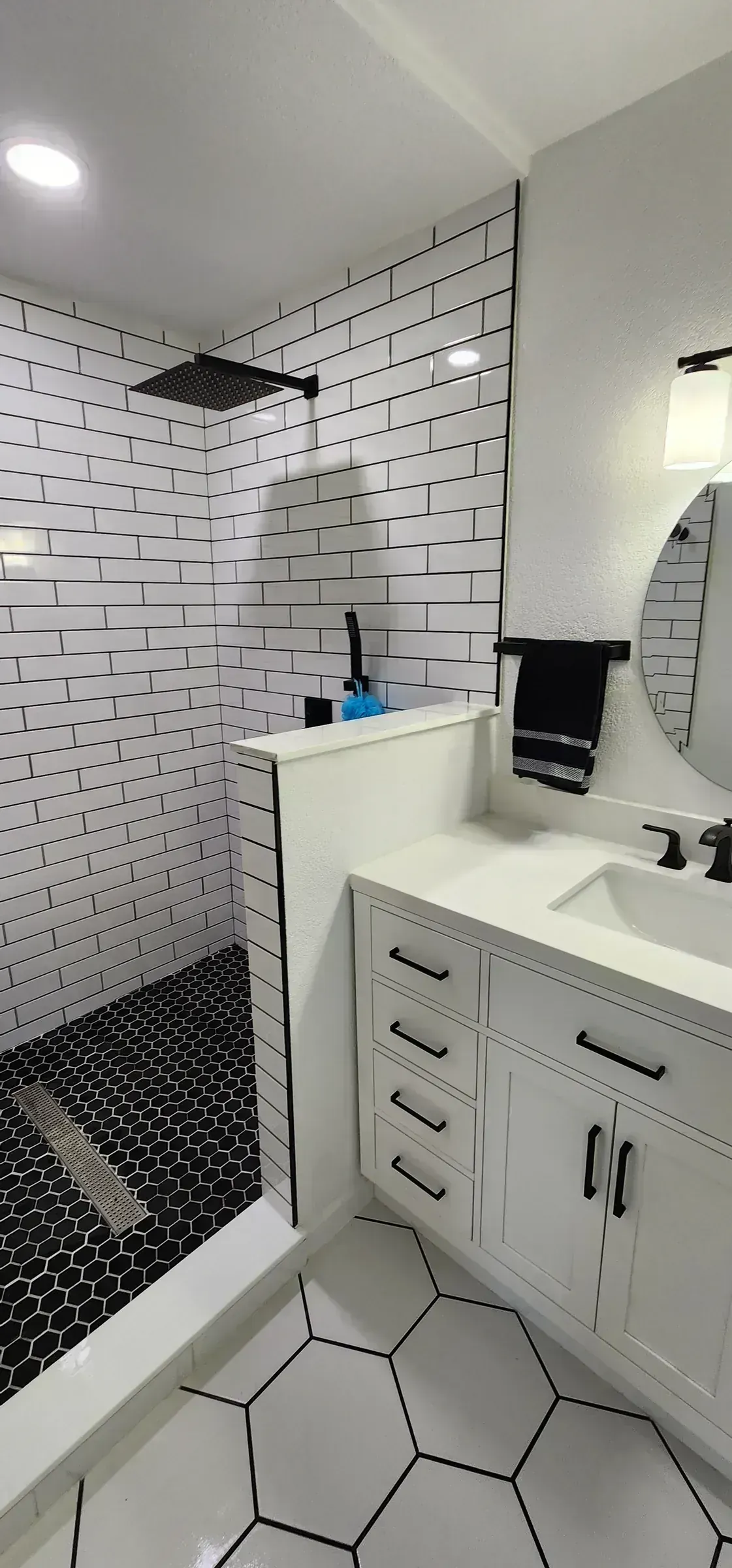 Subway Tile Shower and Hex Floor by BNB Concepts