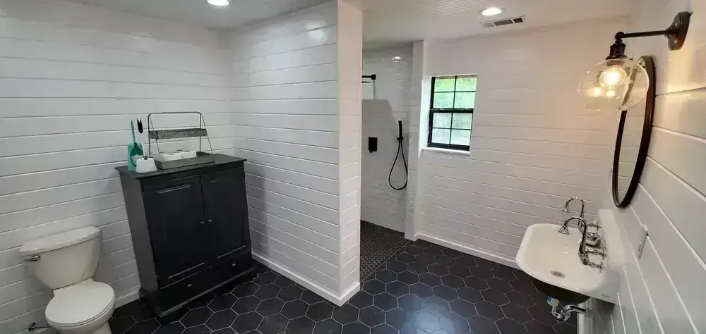 Shiplap Bath and Black Hex Floor by BNB Concepts